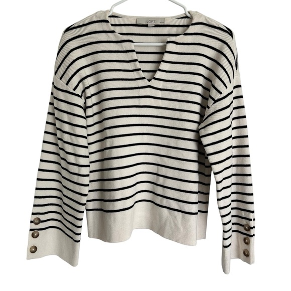 LOFT Striped Button Sleeve Split Neck‎ Sweater | XSP - Picture 1 of 7